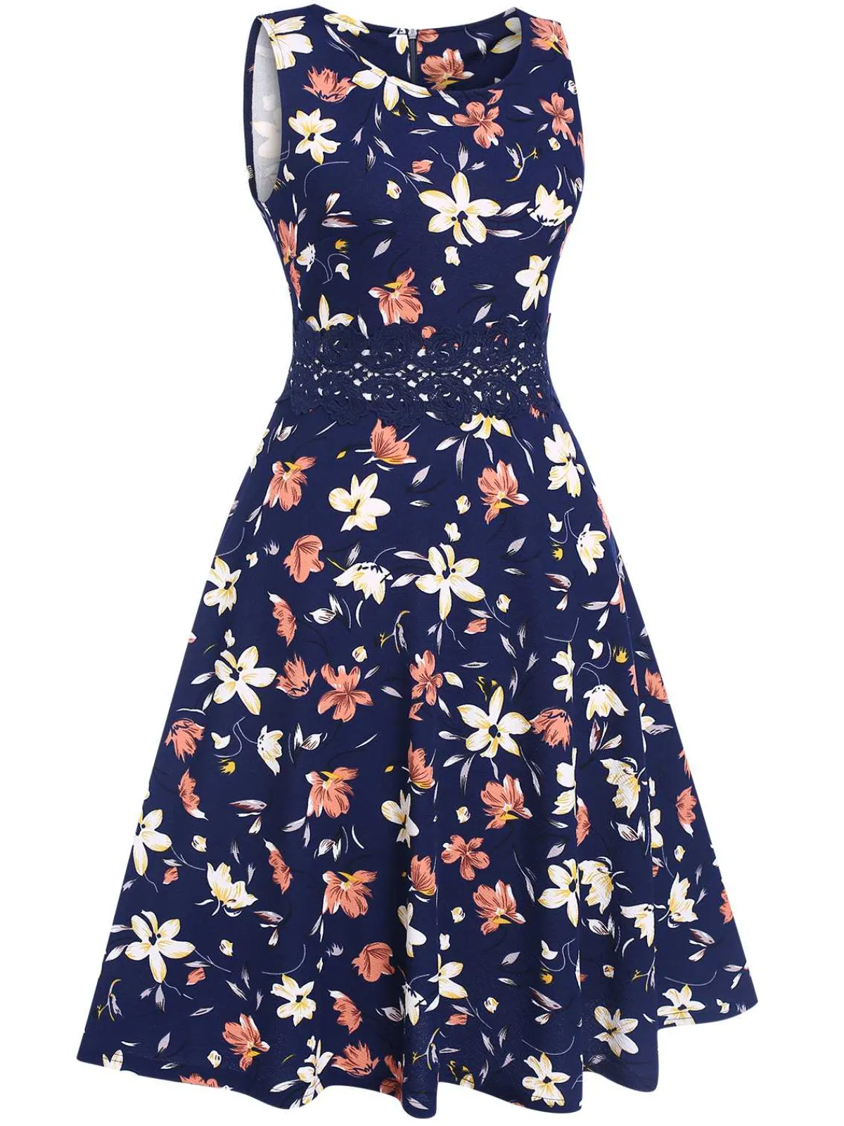 Sale Retro Stage 1940s Floral Sleeveless Dress Deep Blue
