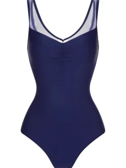 Discount Retro Stage 1930s Solid Back Cross Swimsuit Deep Blue