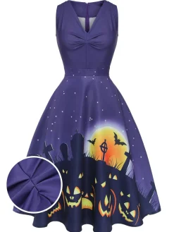 Sale Retro Stage 1950s Halloween V-Neck Swing Dress Deep Purple