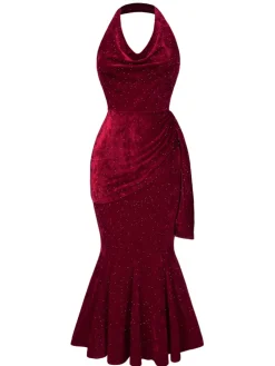 Hot Retro Stage 1930s Glitter Cowl Neck Mermaid Dress Deep Red