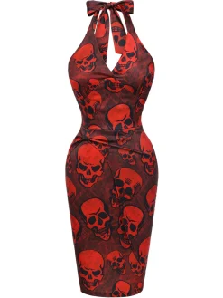 New Retro Stage 1960s Halloween Skull Halter Dress Deep Red
