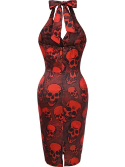 New Retro Stage 1960s Halloween Skull Halter Dress Deep Red