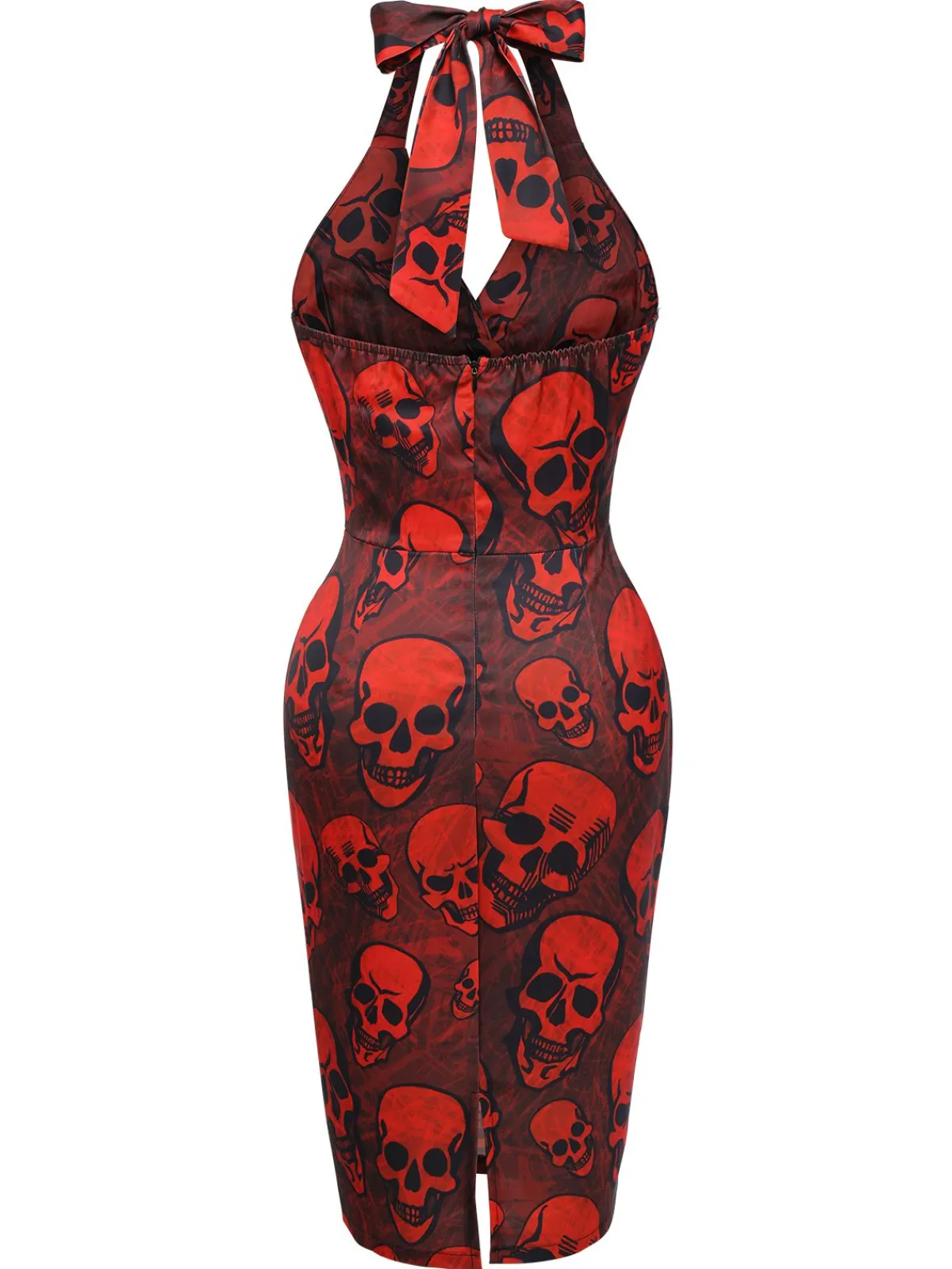 New Retro Stage 1960s Halloween Skull Halter Dress Deep Red