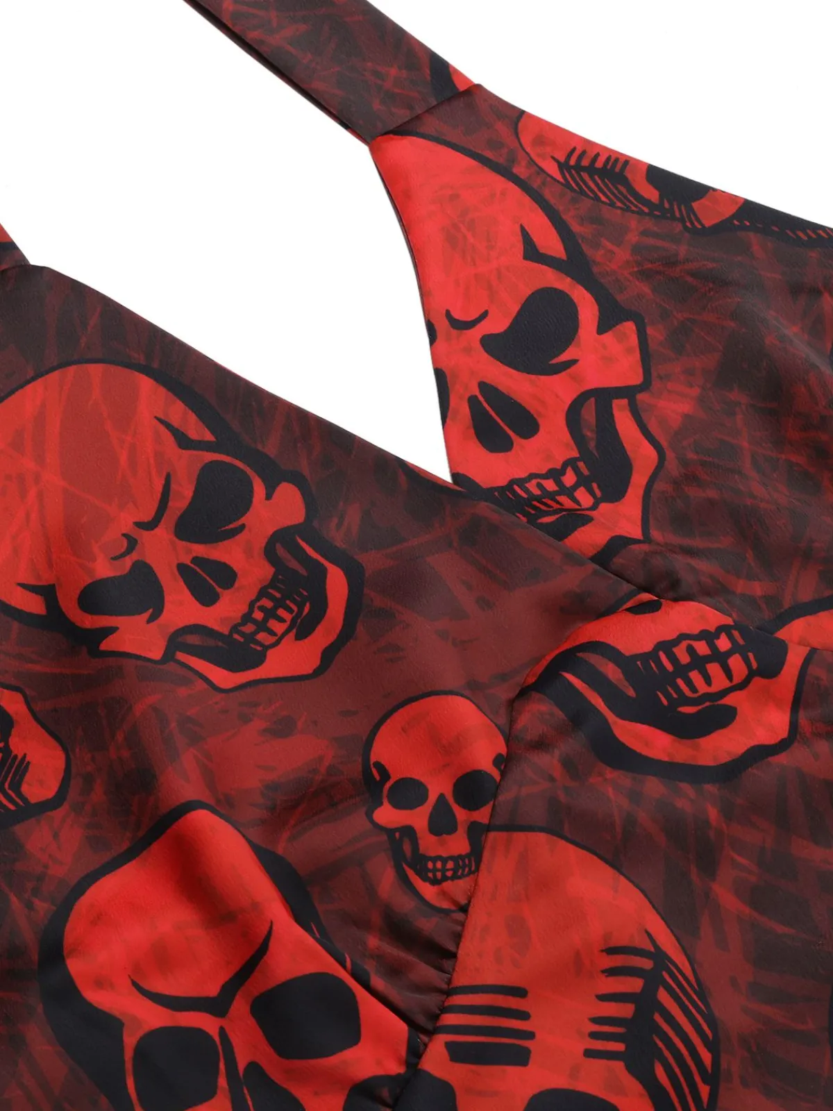 New Retro Stage 1960s Halloween Skull Halter Dress Deep Red