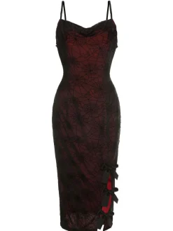 New Retro Stage 1960s Halloween Spider Web Dress Deep Red
