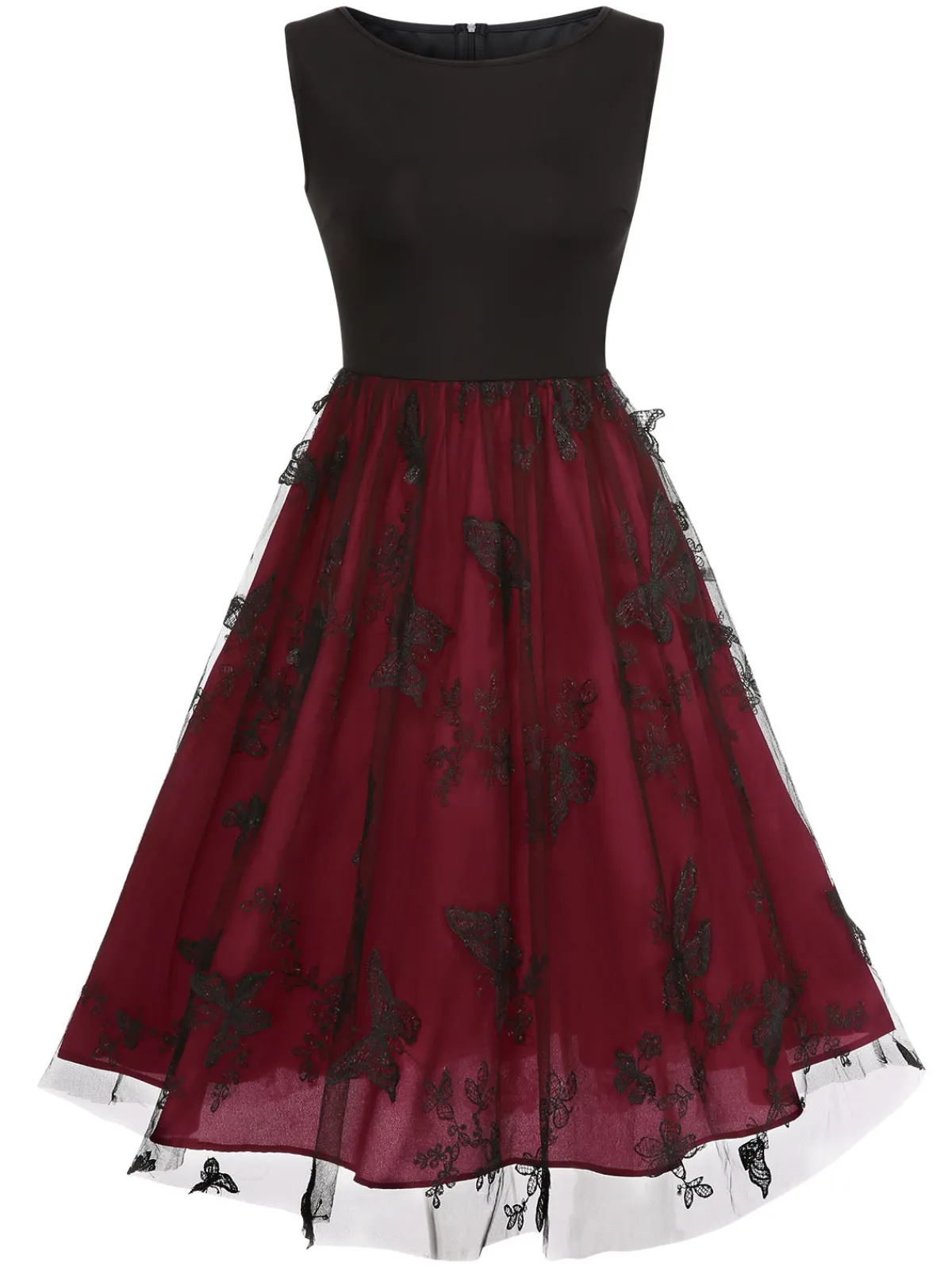 Best Retro Stage 1950s Mesh Butterflies Sleeveless Dress Deep Red