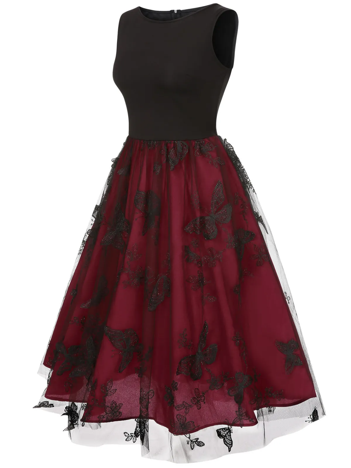 Best Retro Stage 1950s Mesh Butterflies Sleeveless Dress Deep Red