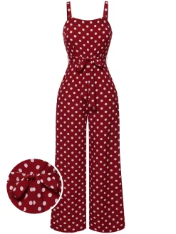 Discount Retro Stage 1940s Polka Dot Straps Jumpsuit Deep Red