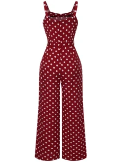 Discount Retro Stage 1940s Polka Dot Straps Jumpsuit Deep Red