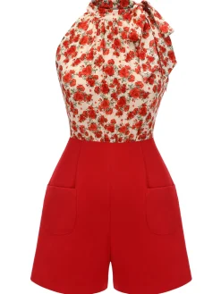 Best Retro Stage 1950s Rose Lace Up Patchwork Romper Deep Red