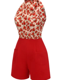 Best Retro Stage 1950s Rose Lace Up Patchwork Romper Deep Red