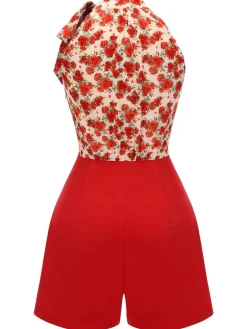 Best Retro Stage 1950s Rose Lace Up Patchwork Romper Deep Red