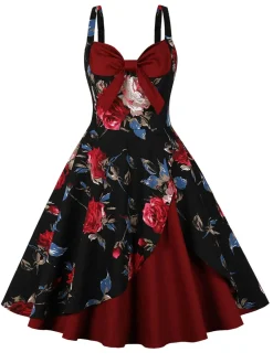 Sale Retro Stage 1950s Rose Strap Patchwork Dress Deep Red