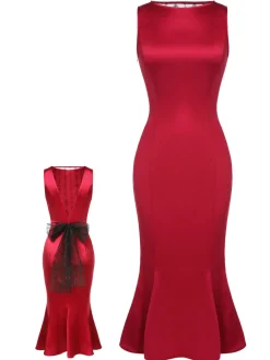 Hot Retro Stage 1930s Solid Bow Decor Fishtail Dress Deep Red