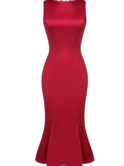 Hot Retro Stage 1930s Solid Bow Decor Fishtail Dress Deep Red