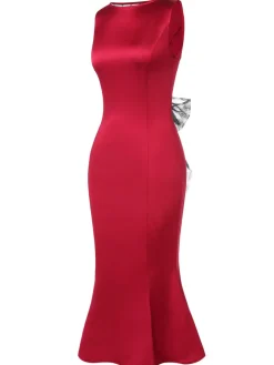 Hot Retro Stage 1930s Solid Bow Decor Fishtail Dress Deep Red