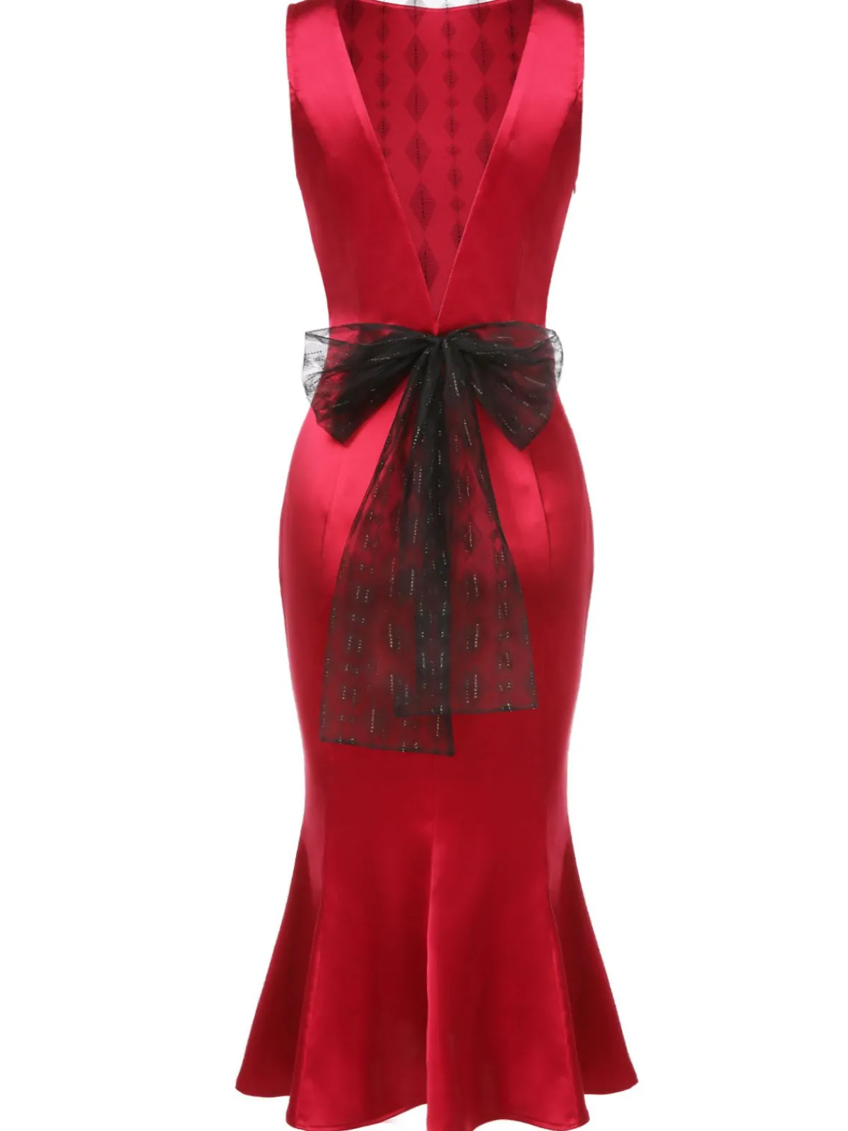 Hot Retro Stage 1930s Solid Bow Decor Fishtail Dress Deep Red