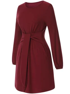 Discount Retro Stage 1960s Solid Tie Waist Dress Deep Red