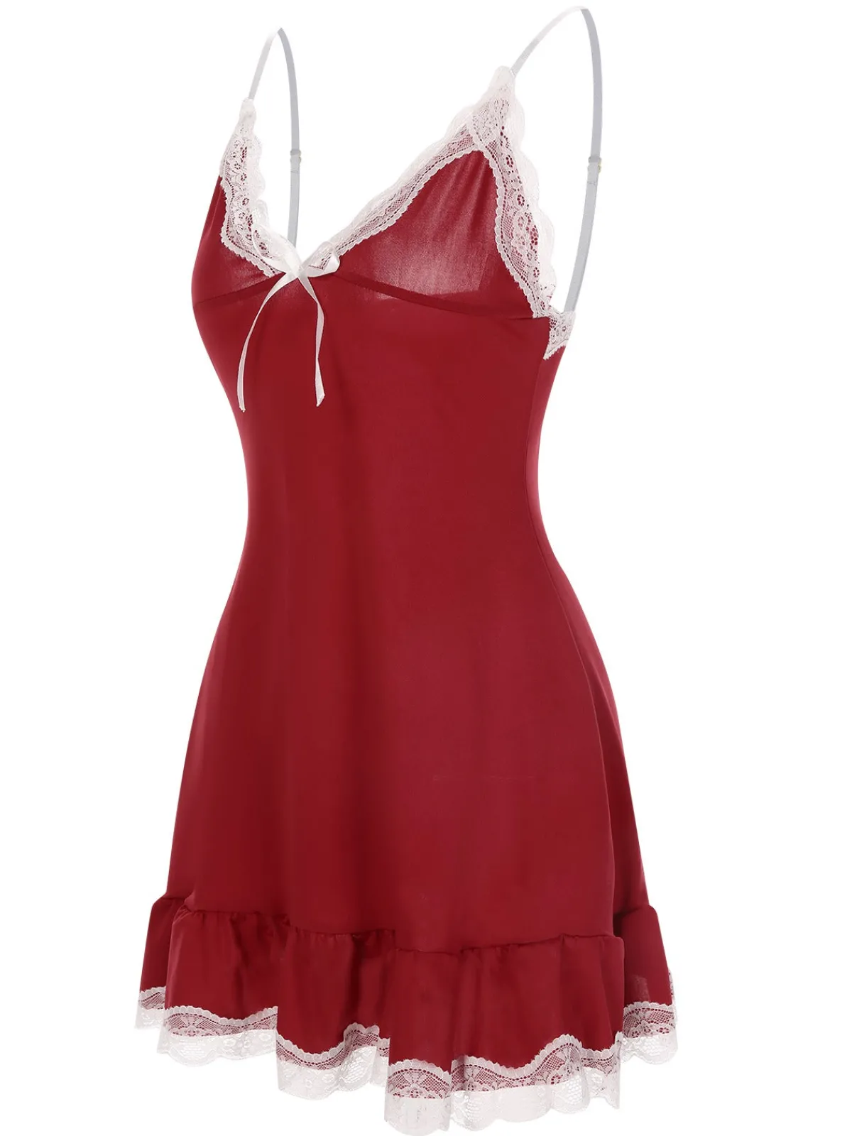 Online Retro Stage 1970s Spaghetti Straps Lace Nightgown Deep Red