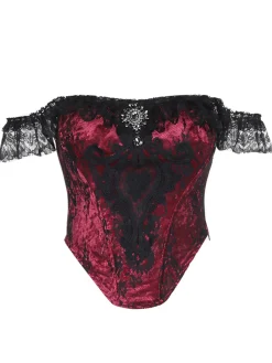 New Retro Stage 1970s Steampunk Lace Off-Shoulder Top Deep Red