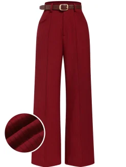 Hot Retro Stage 1950s Stripes Wide Leg Belted Pants Deep Red
