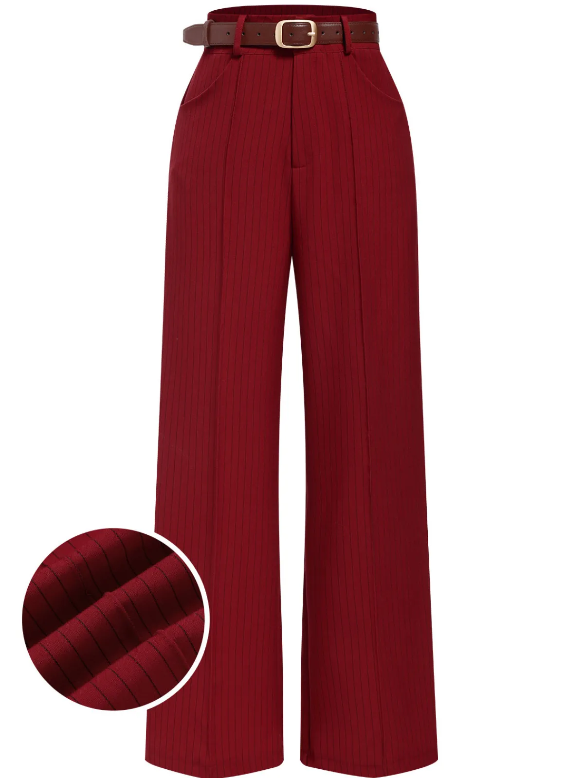 Hot Retro Stage 1950s Stripes Wide Leg Belted Pants Deep Red
