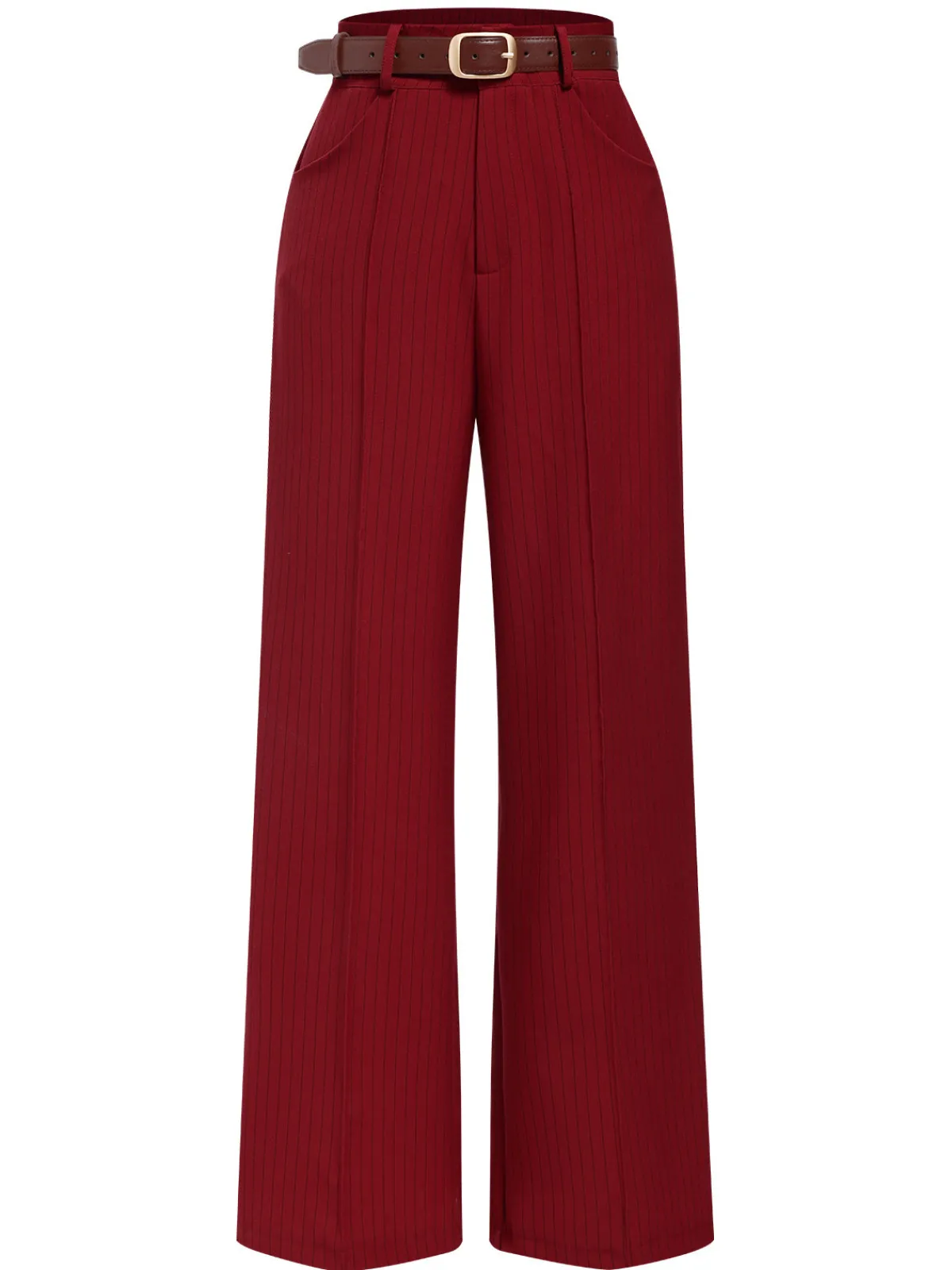 Hot Retro Stage 1950s Stripes Wide Leg Belted Pants Deep Red