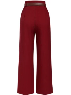 Hot Retro Stage 1950s Stripes Wide Leg Belted Pants Deep Red