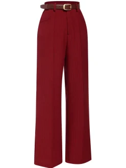 Hot Retro Stage 1950s Stripes Wide Leg Belted Pants Deep Red
