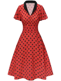 Discount Retro Stage 1950s V-Neck Polka Dots Lapel Dress Deep Red
