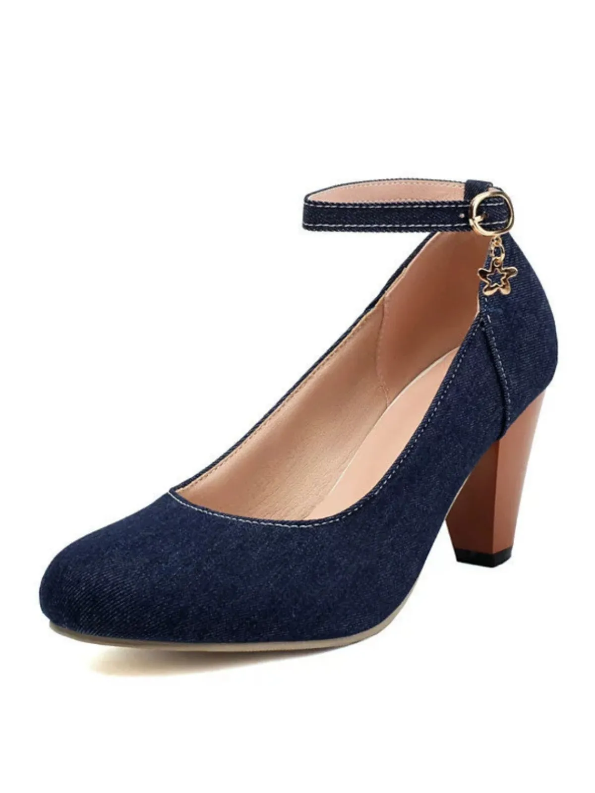 New Retro Stage Denim Buckle Mary Janes Chunky Heels