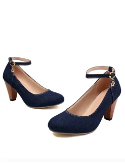 New Retro Stage Denim Buckle Mary Janes Chunky Heels