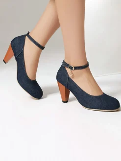 New Retro Stage Denim Buckle Mary Janes Chunky Heels