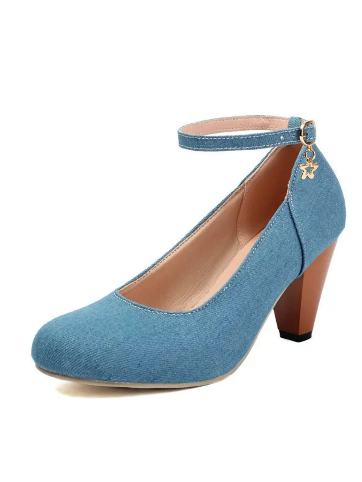 New Retro Stage Denim Buckle Mary Janes Chunky Heels