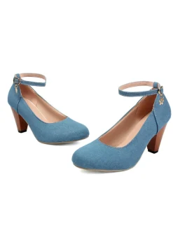 New Retro Stage Denim Buckle Mary Janes Chunky Heels