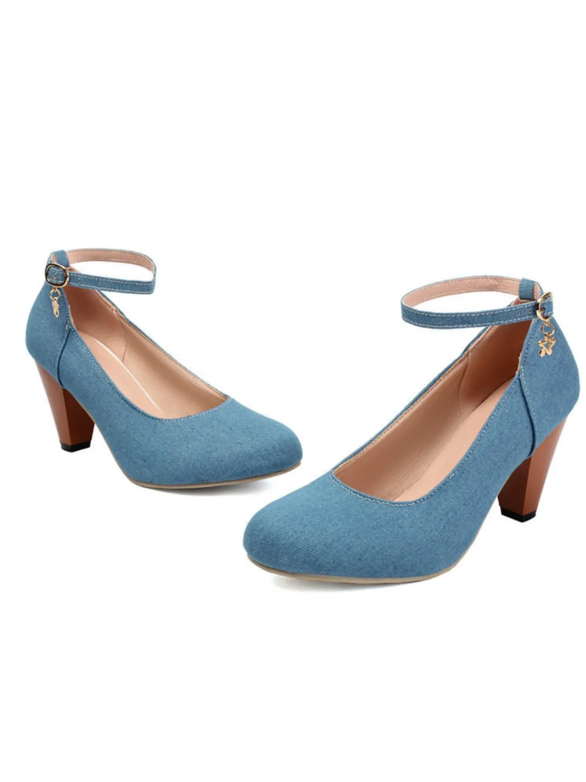 New Retro Stage Denim Buckle Mary Janes Chunky Heels