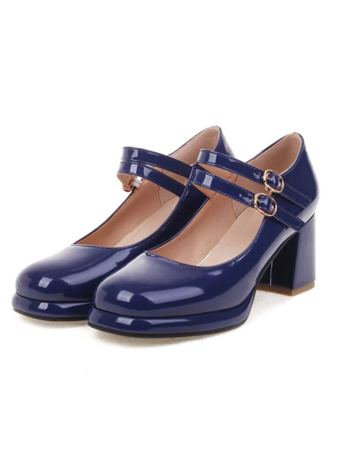 Online Retro Stage Double Buckles Mary Jane Heels Shoes
