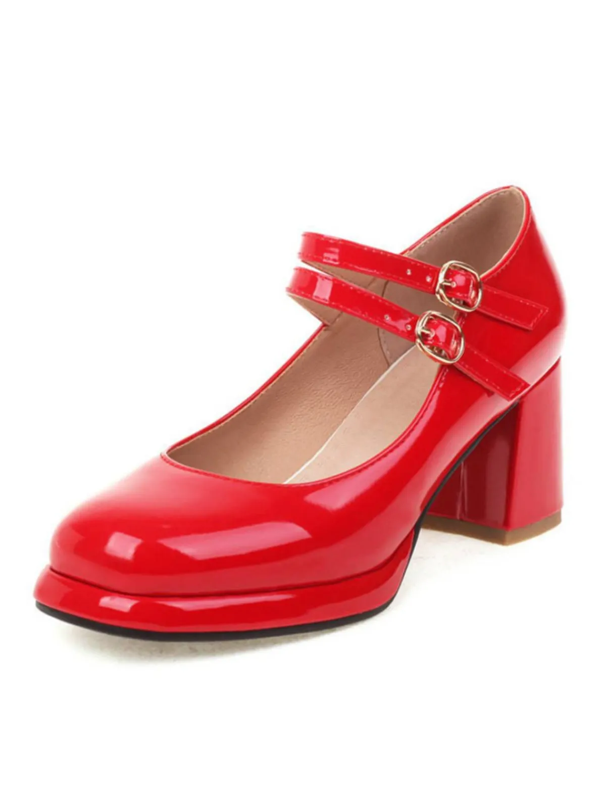 Online Retro Stage Double Buckles Mary Jane Heels Shoes