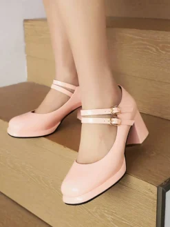 Online Retro Stage Double Buckles Mary Jane Heels Shoes