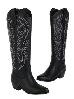 Online Retro Stage Embroidered Chunky Heel Mid-Calf Cowboy Boots