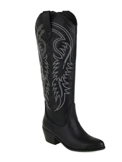 Online Retro Stage Embroidered Chunky Heel Mid-Calf Cowboy Boots