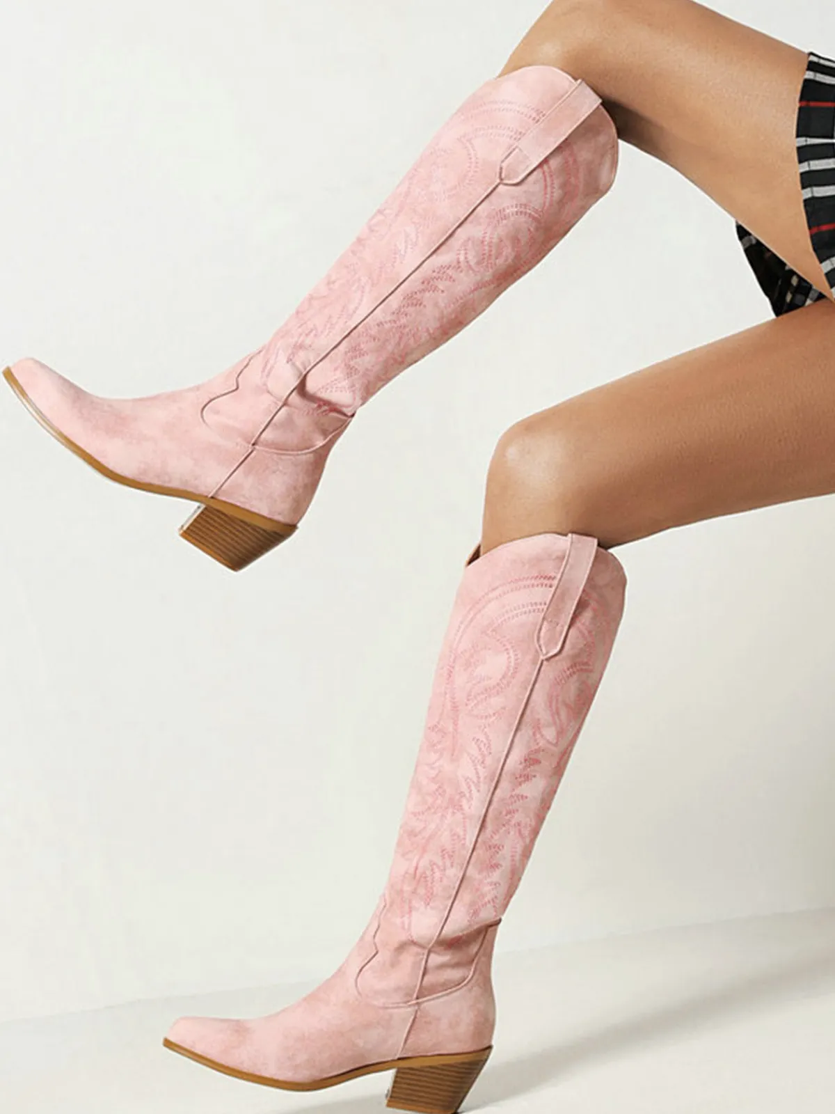 Online Retro Stage Embroidered Chunky Heel Mid-Calf Cowboy Boots