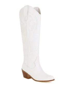 Online Retro Stage Embroidered Chunky Heel Mid-Calf Cowboy Boots