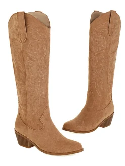 Online Retro Stage Embroidered Chunky Heel Mid-Calf Cowboy Boots