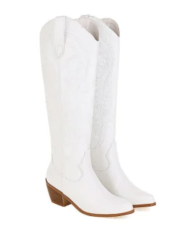 Online Retro Stage Embroidered Chunky Heel Mid-Calf Cowboy Boots