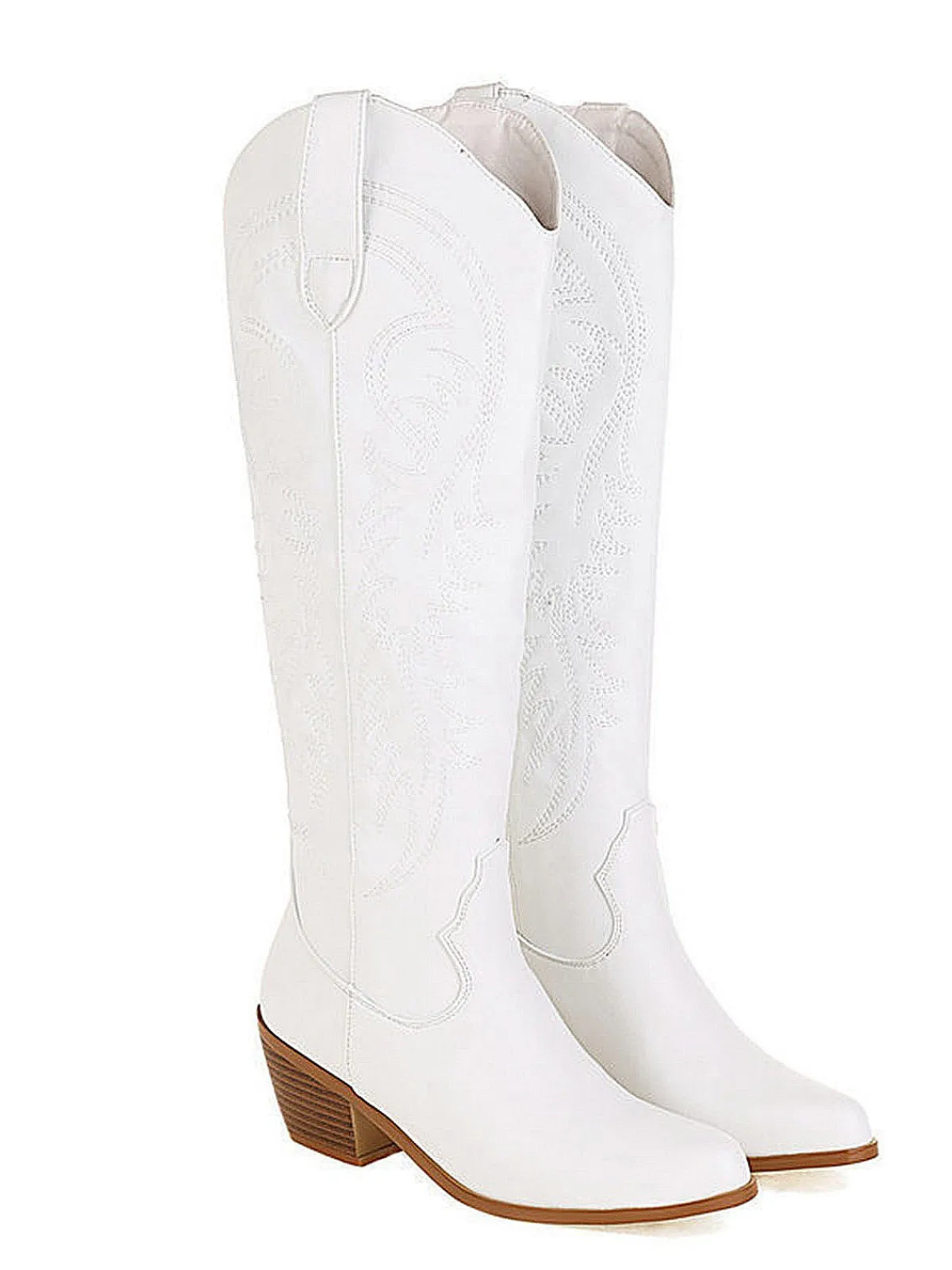 Online Retro Stage Embroidered Chunky Heel Mid-Calf Cowboy Boots