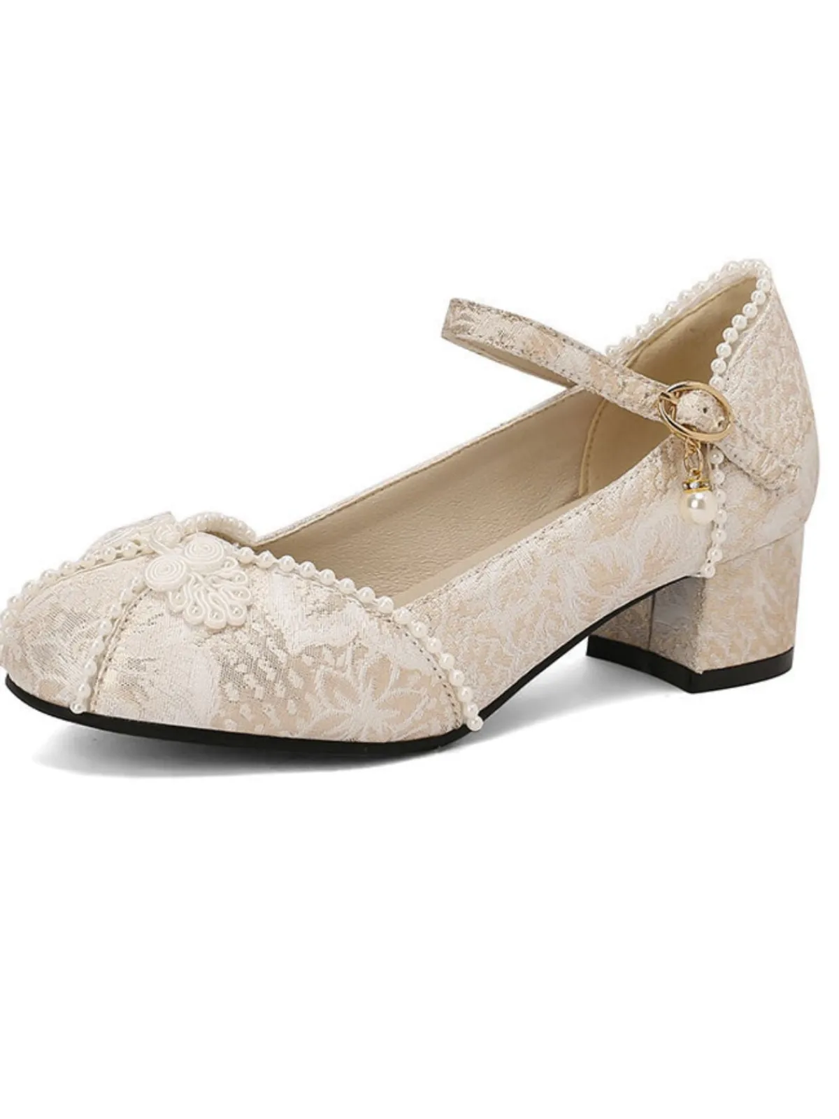 Clearance Retro Stage Floral Jacquard Pearl Mary Jane High Heels