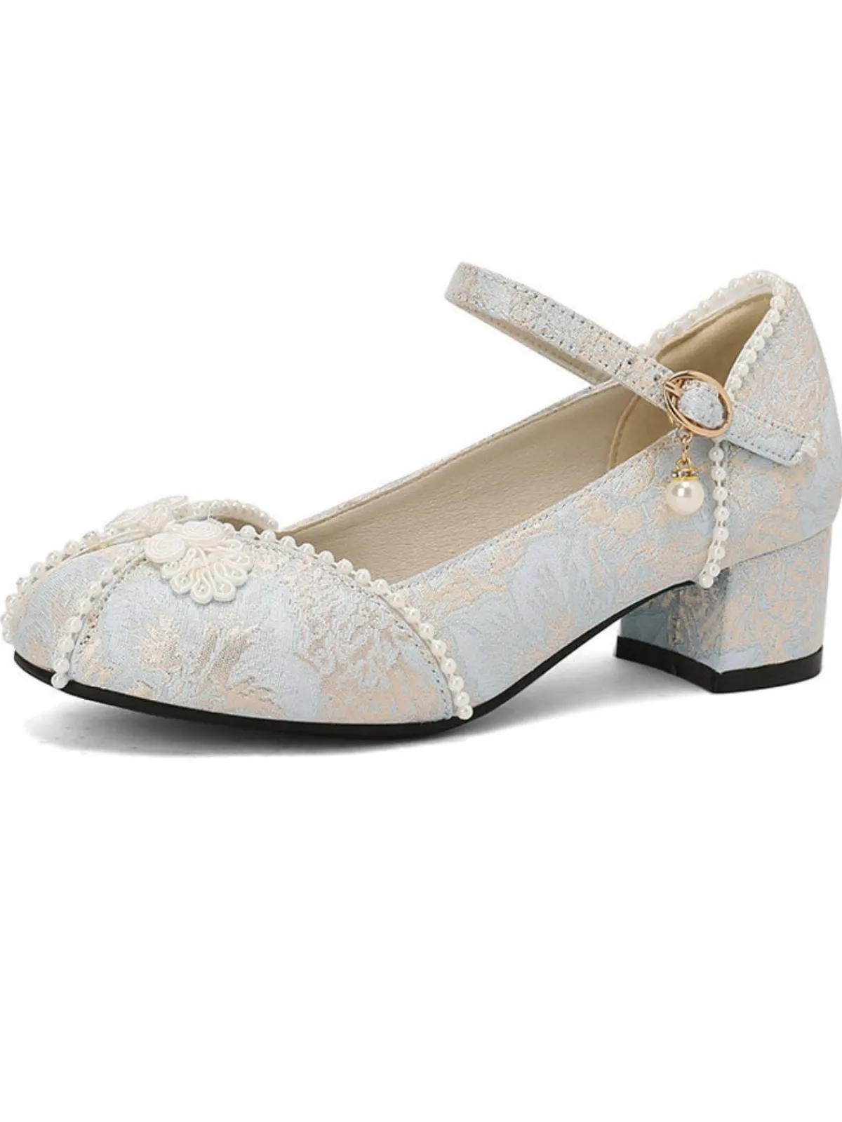 Clearance Retro Stage Floral Jacquard Pearl Mary Jane High Heels