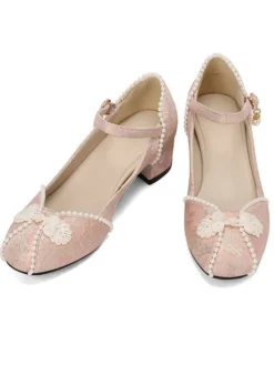 Clearance Retro Stage Floral Jacquard Pearl Mary Jane High Heels
