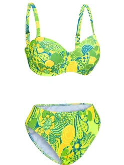 Hot Retro Stage Fluorescent 1980s Floral Bikini Set Green